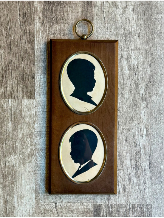 Other - TITLE:
Vintage Double Oval Silhouette Wood Plaque Brass Trim Boys Wall Hanging